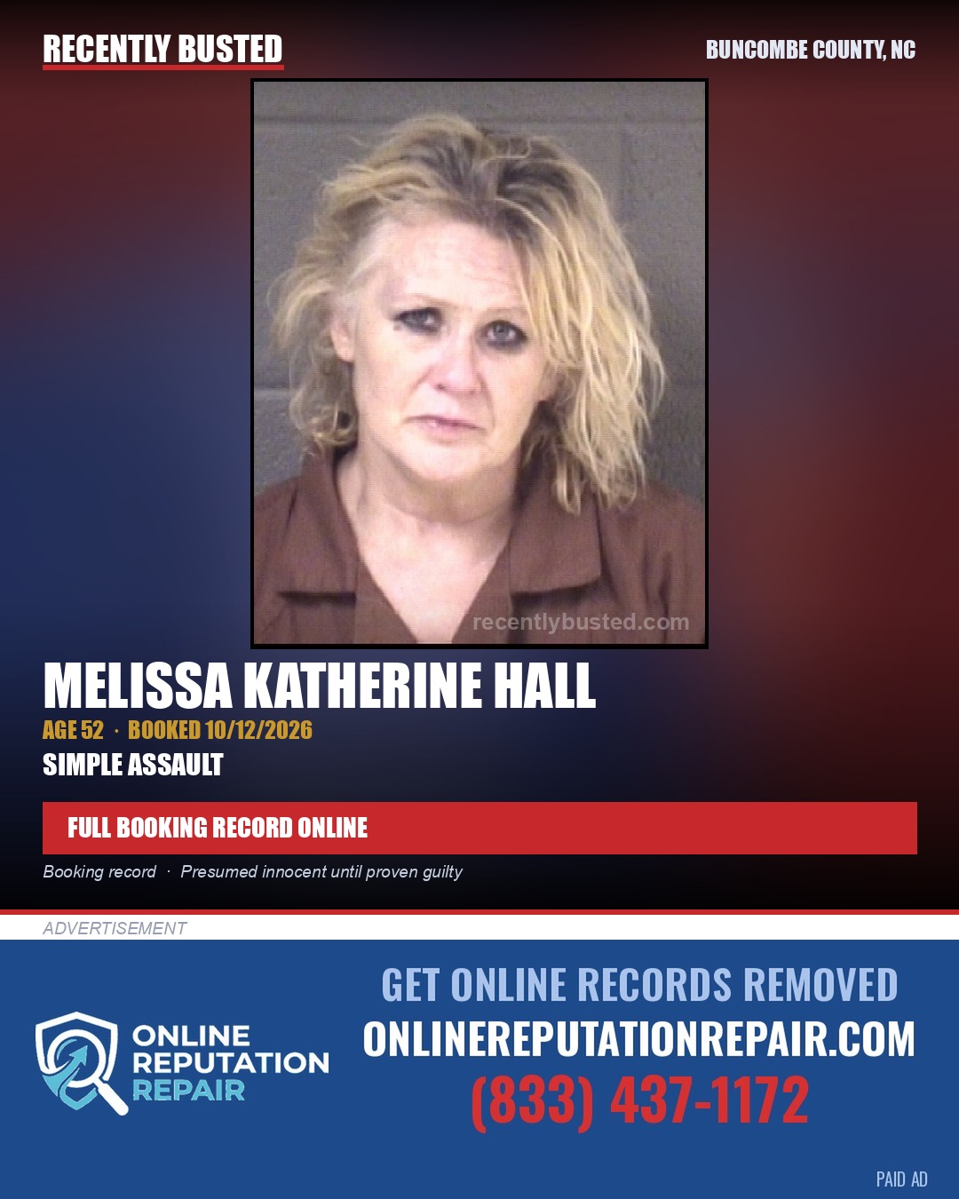 MELISSA KATHERINE HALL — arrest record card, Buncombe County, North Carolina