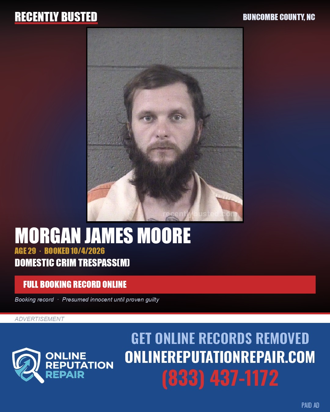 MORGAN JAMES MOORE — arrest record card, Buncombe County, North Carolina