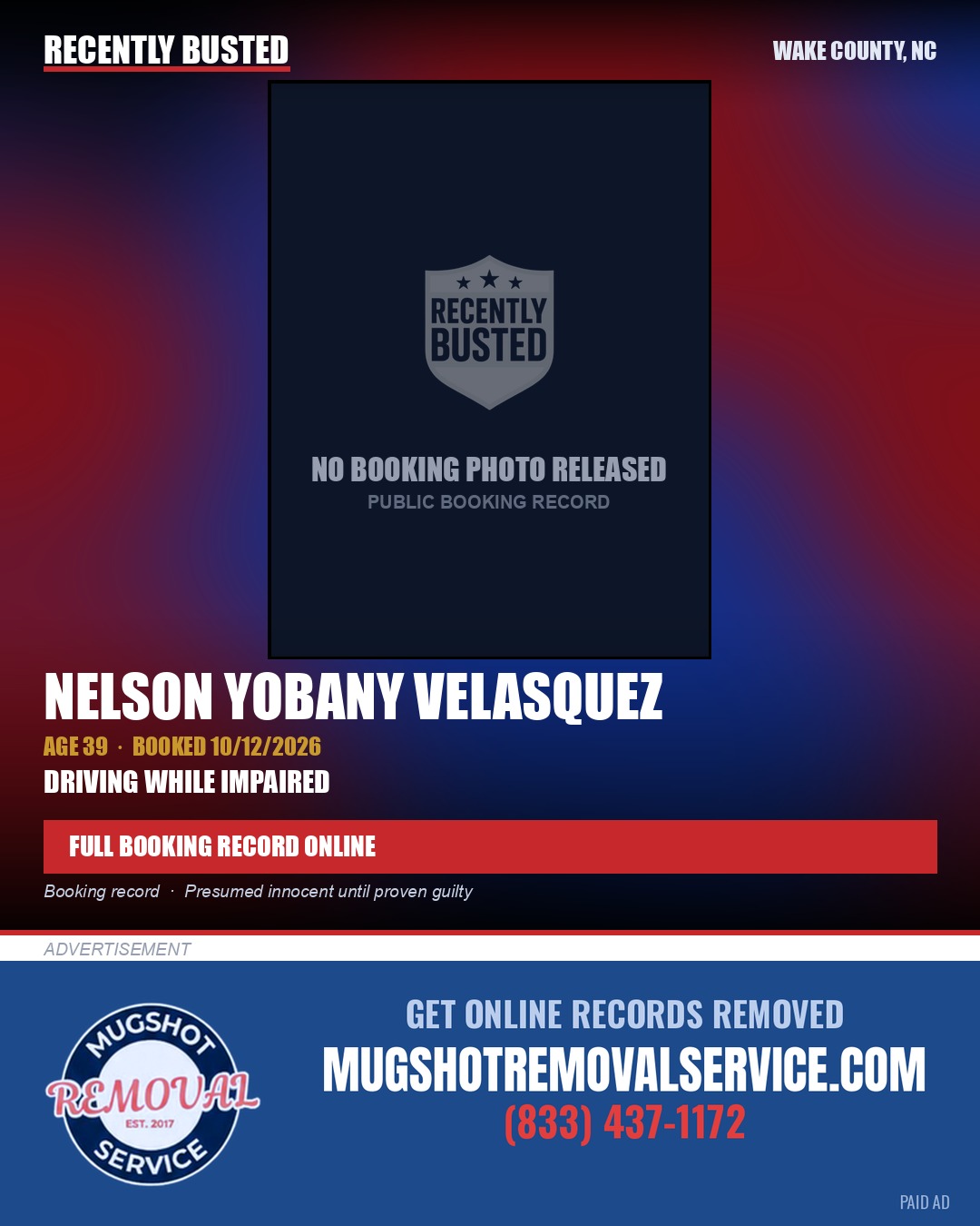 NELSON YOBANY VELASQUEZ — arrest record card, Wake County, North Carolina