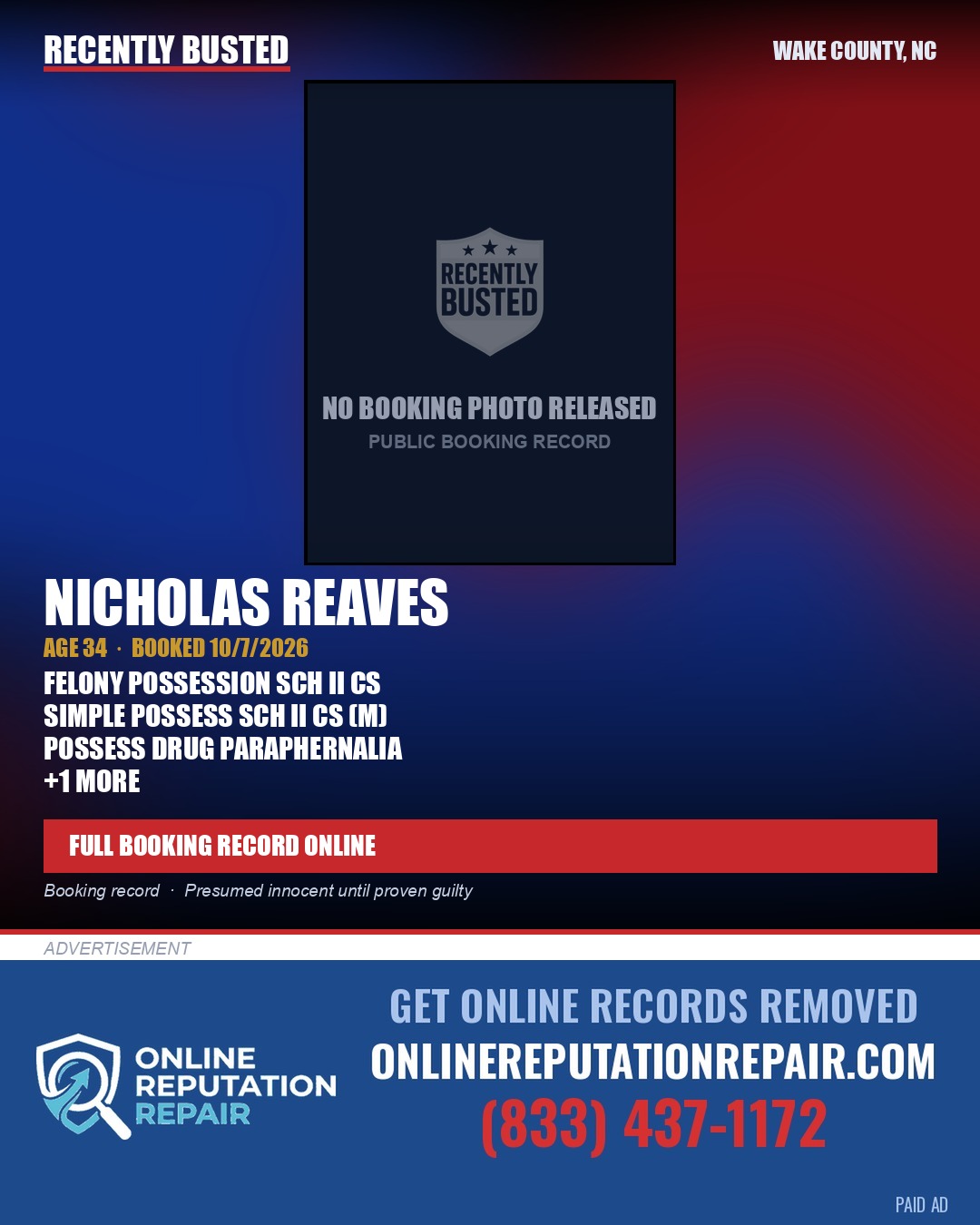 NICHOLAS REAVES — arrest record card, Wake County, North Carolina