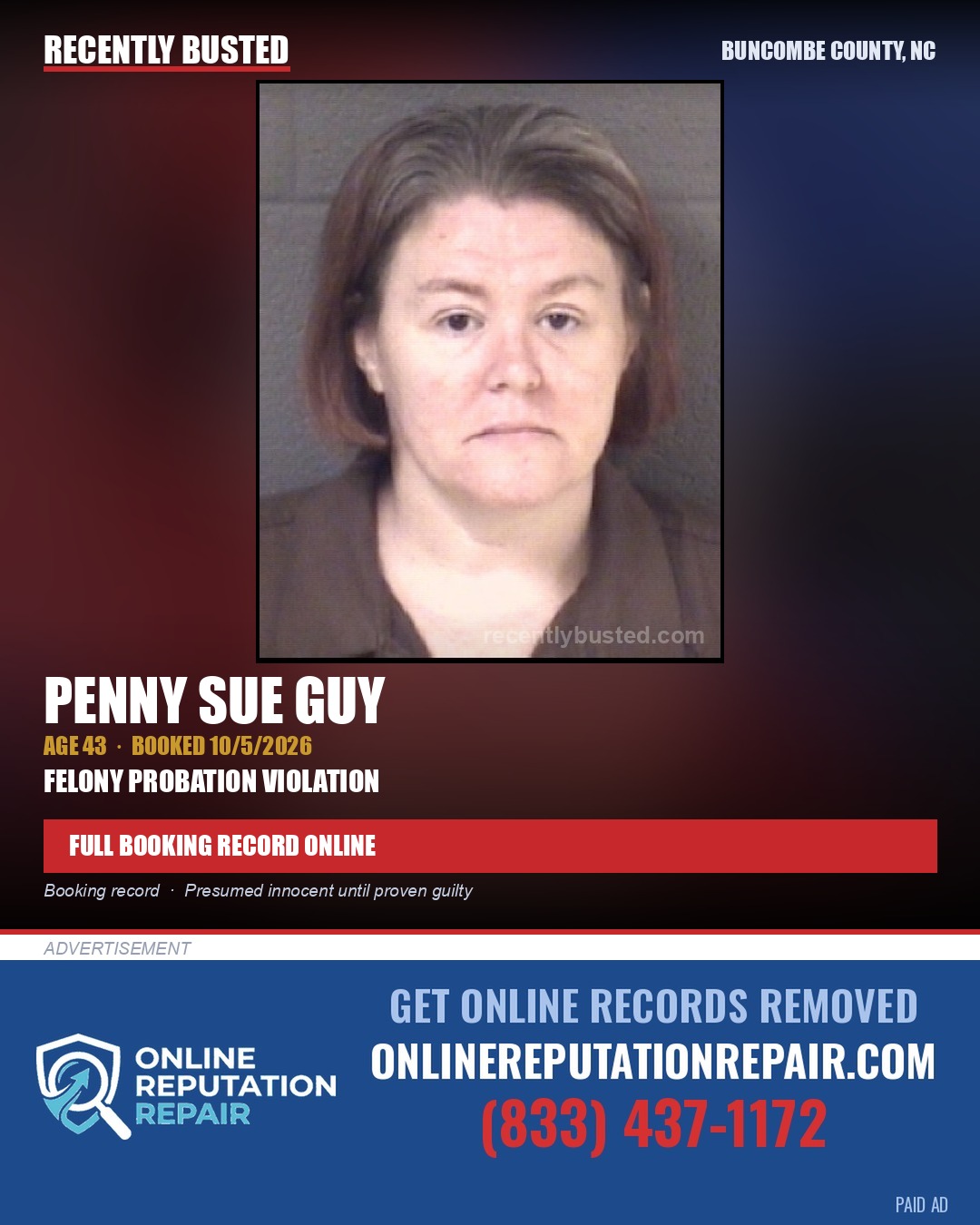 PENNY SUE GUY — arrest record card, Buncombe County, North Carolina