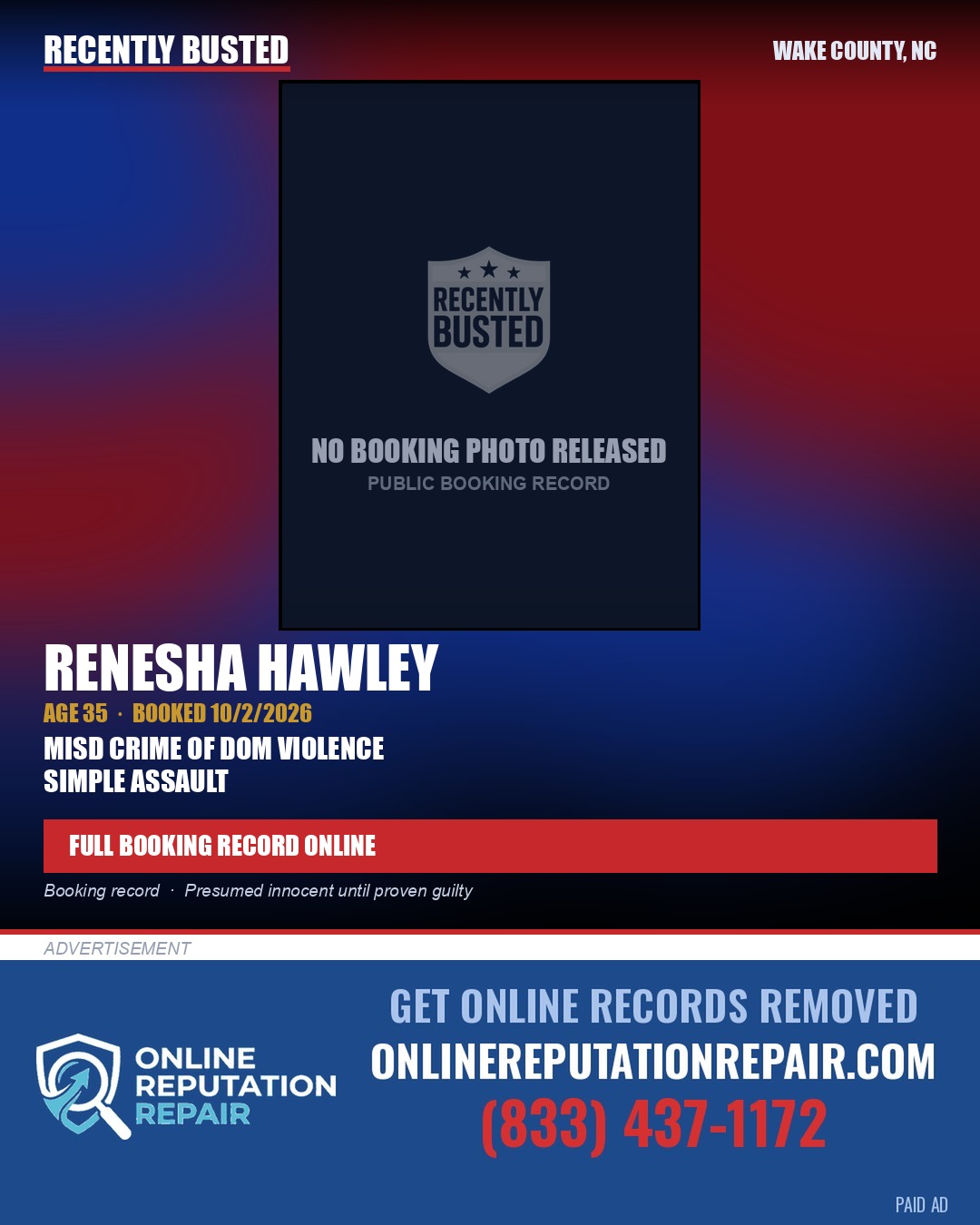 RENESHA HAWLEY — arrest record card, Wake County, North Carolina