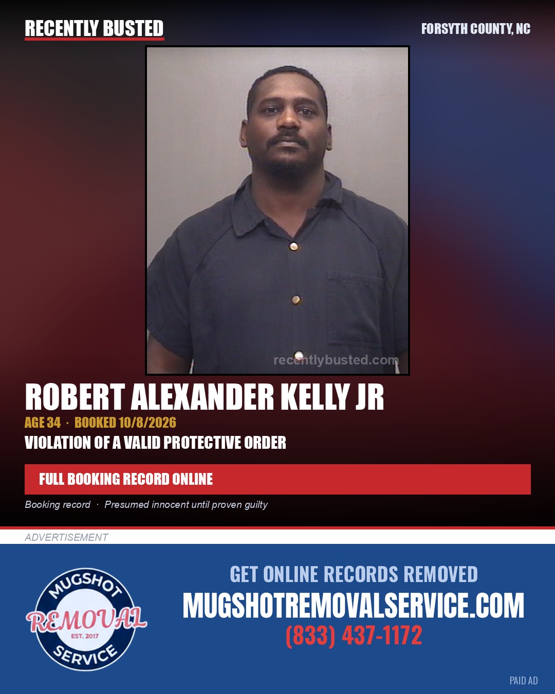 ROBERT ALEXANDER KELLY JR — arrest record card, Forsyth County, North Carolina