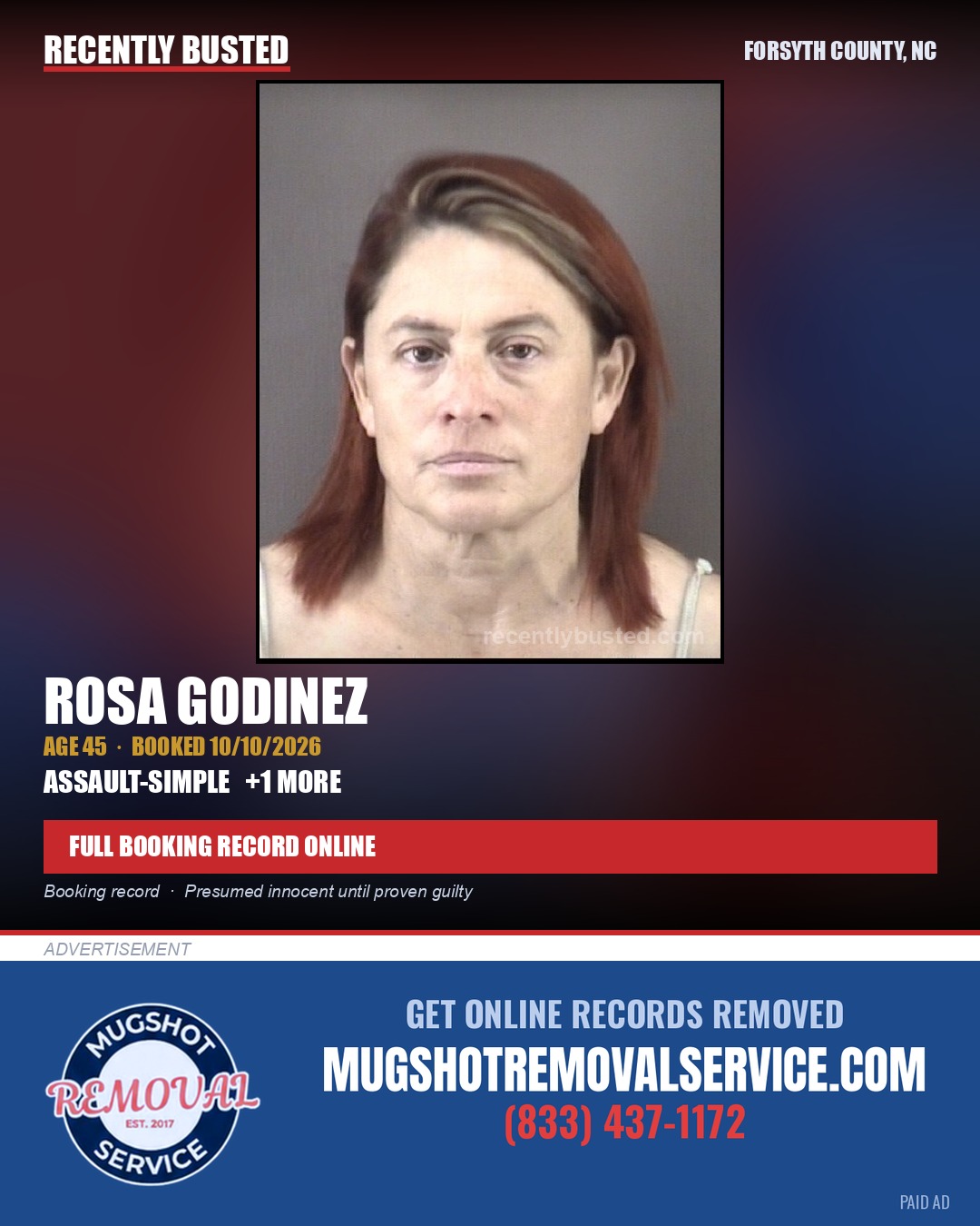 ROSA GODINEZ — arrest record card, Forsyth County, North Carolina