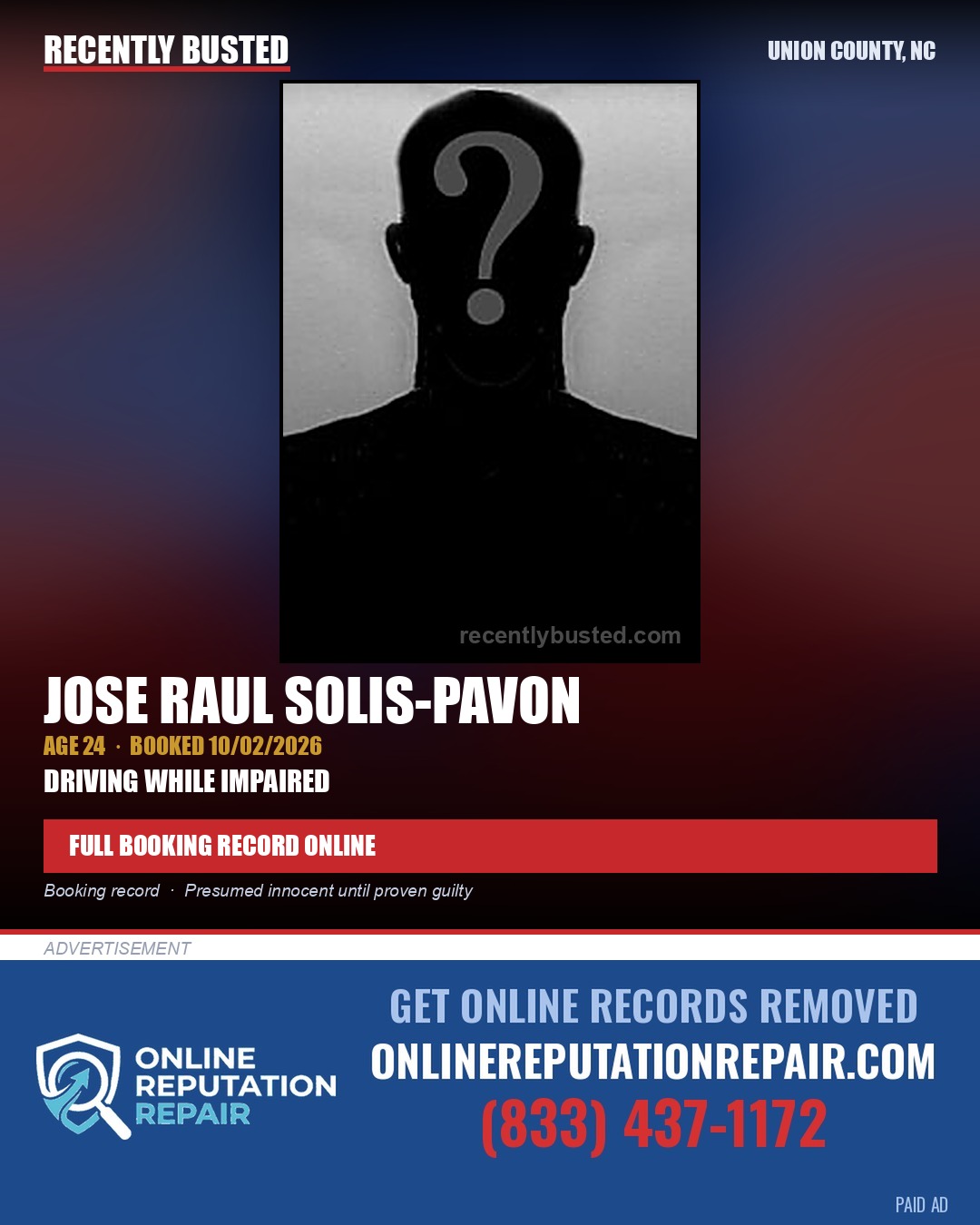 SOLIS-PAVON, JOSE RAUL — arrest record card, Union County, North Carolina
