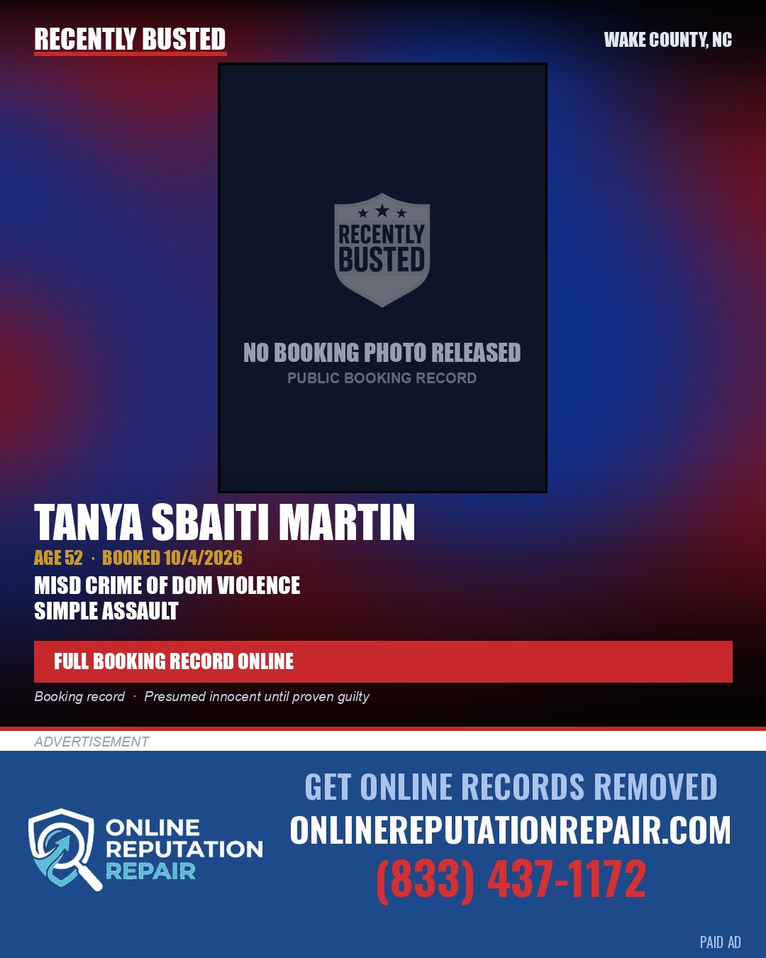 TANYA SBAITI MARTIN — arrest record card, Wake County, North Carolina