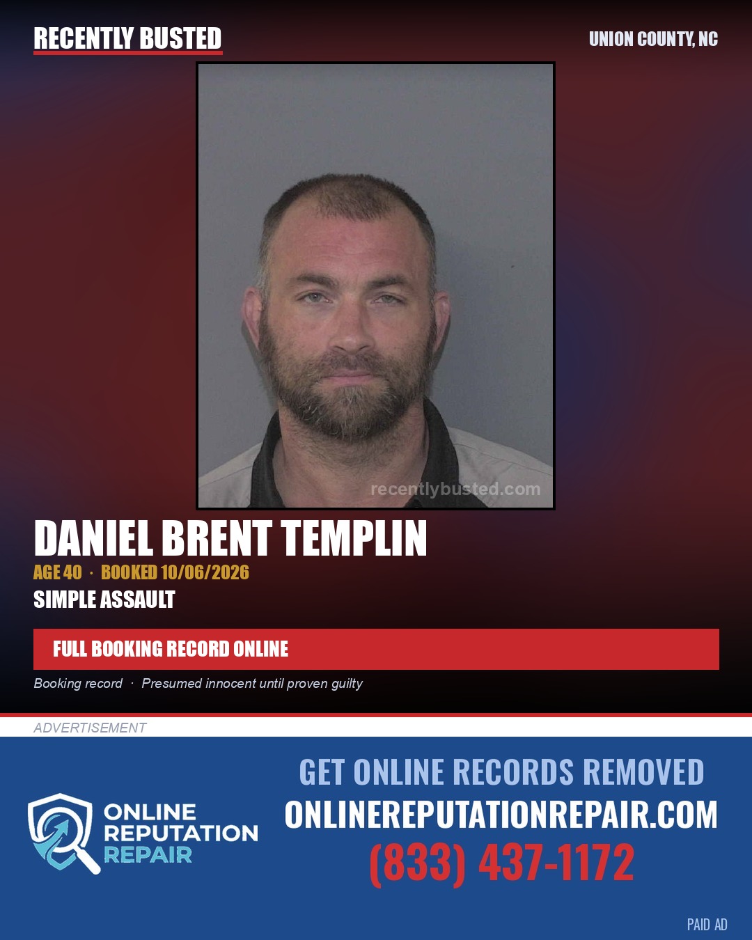TEMPLIN, DANIEL BRENT — arrest record card, Union County, North Carolina