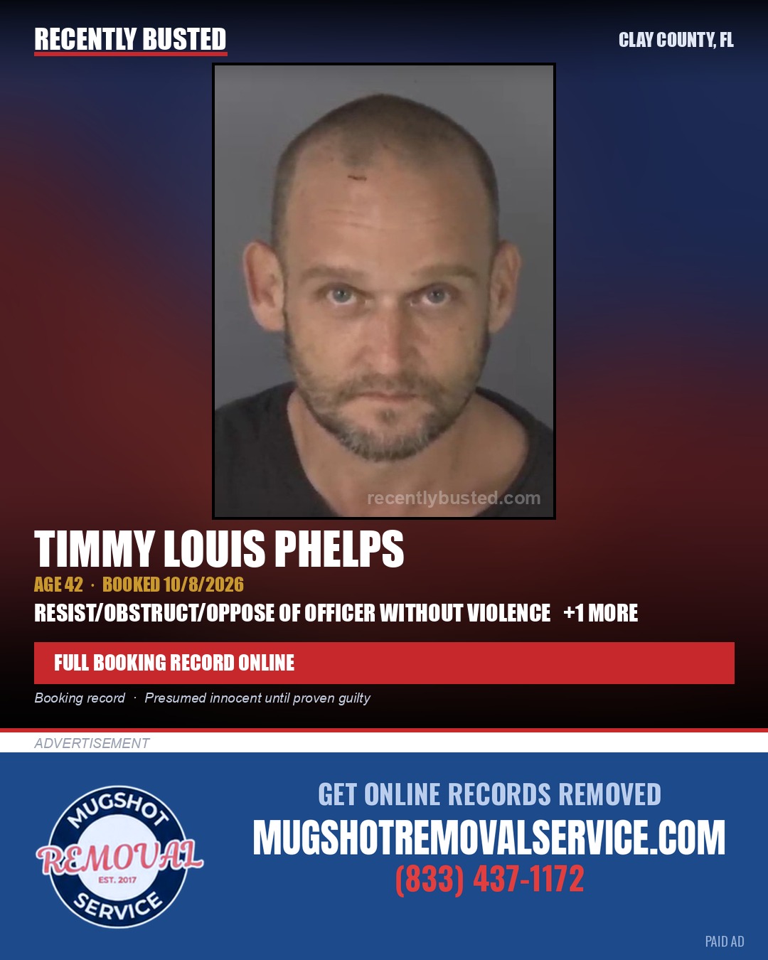 TIMMY LOUIS PHELPS — arrest record card, Clay County, Florida