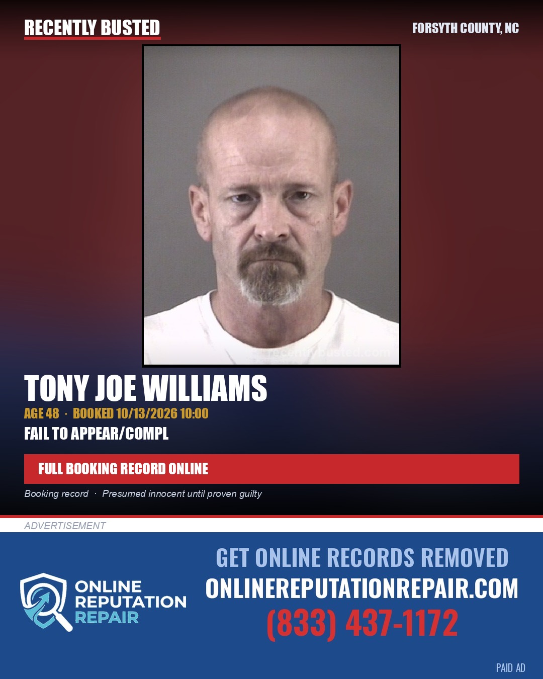TONY JOE WILLIAMS — arrest record card, Forsyth County, North Carolina