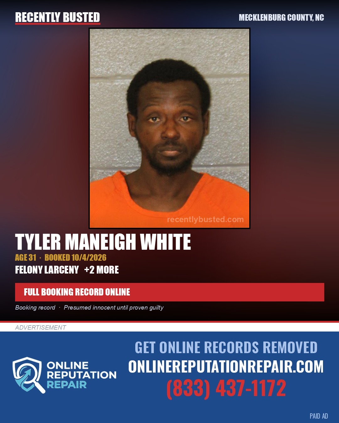 TYLER MANEIGH WHITE — arrest record card, Mecklenburg County, North Carolina