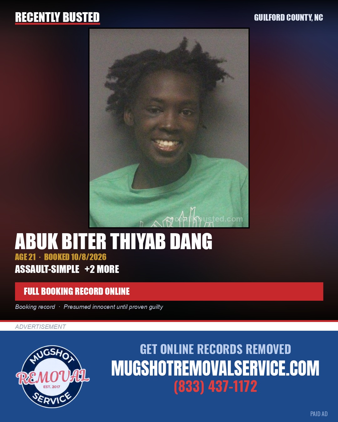 ABUK BITER THIYAB DANG — arrest record card, Guilford County, North Carolina