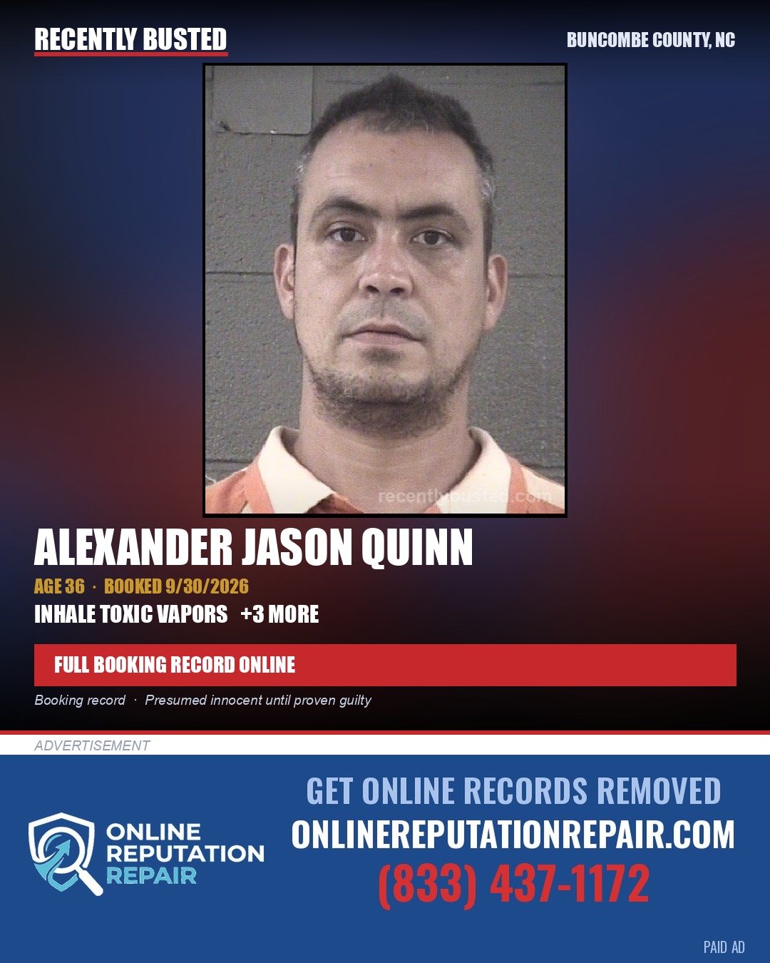 ALEXANDER JASON QUINN — arrest record card, Buncombe County, North Carolina