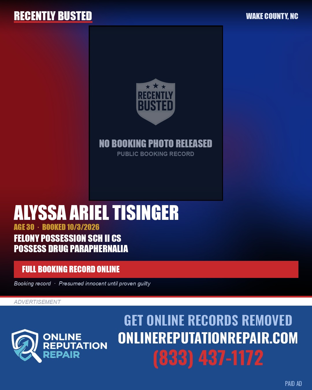 ALYSSA ARIEL TISINGER — arrest record card, Wake County, North Carolina