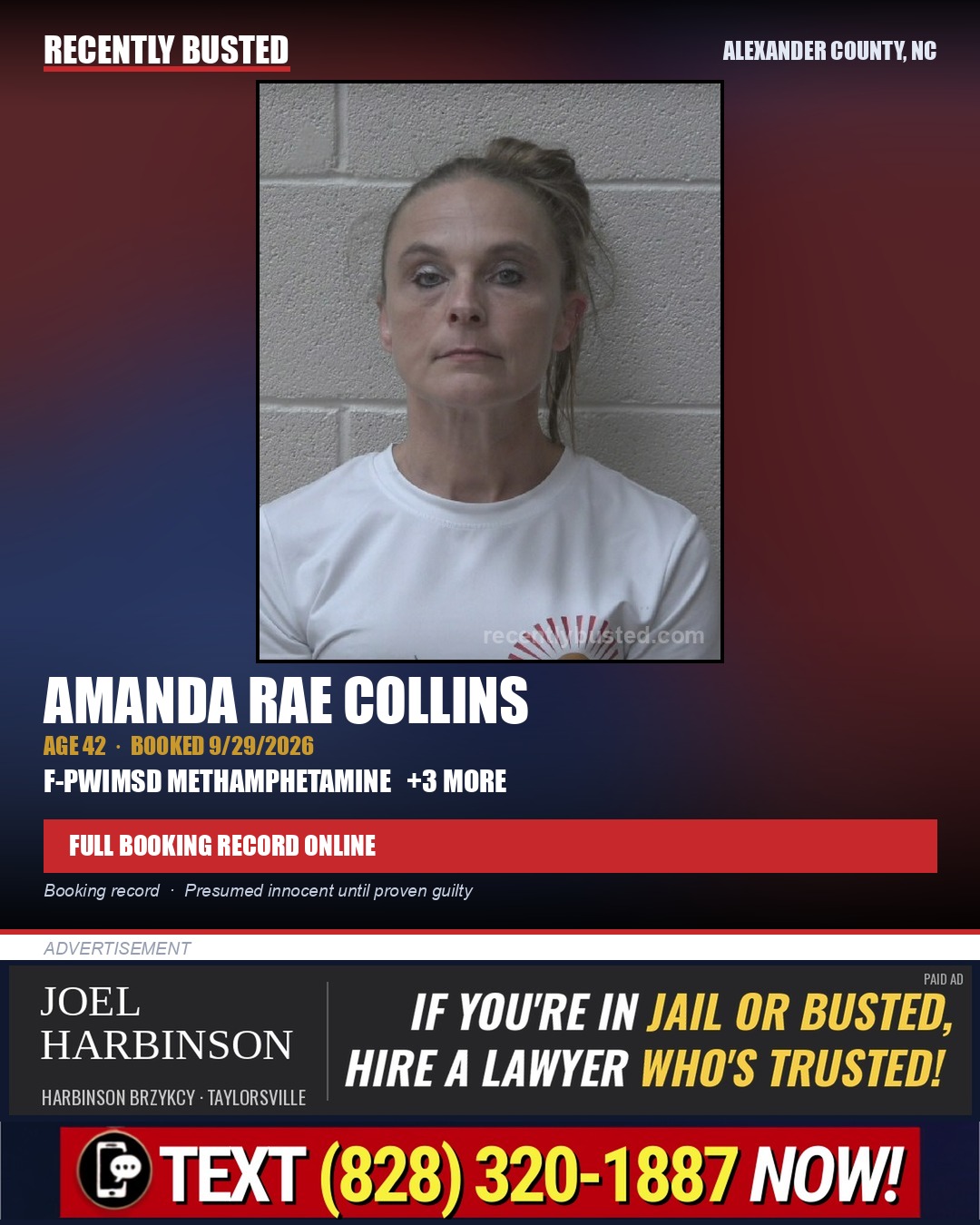 AMANDA RAE COLLINS — arrest record card, Alexander County, North Carolina