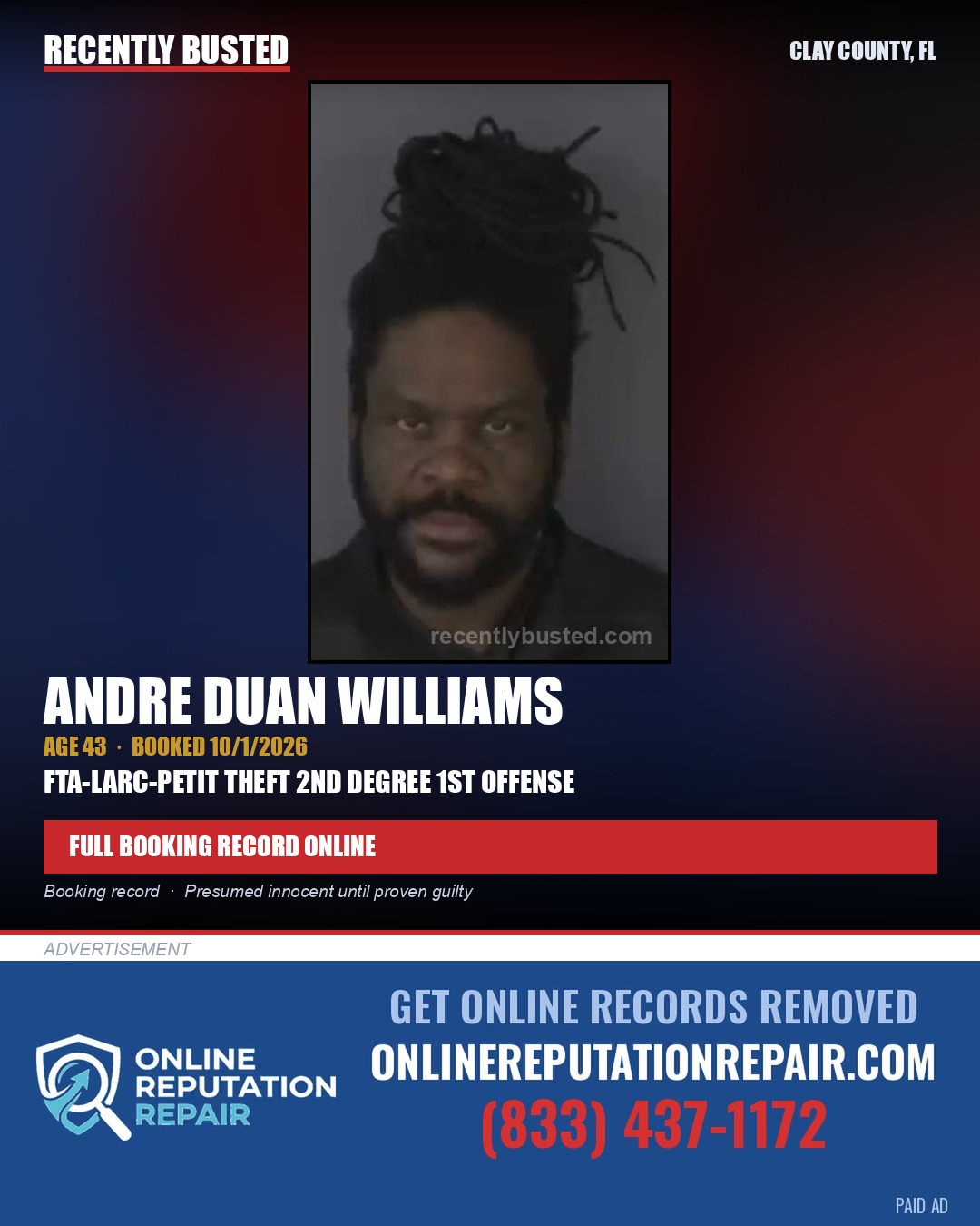 ANDRE DUAN WILLIAMS — arrest record card, Clay County, Florida