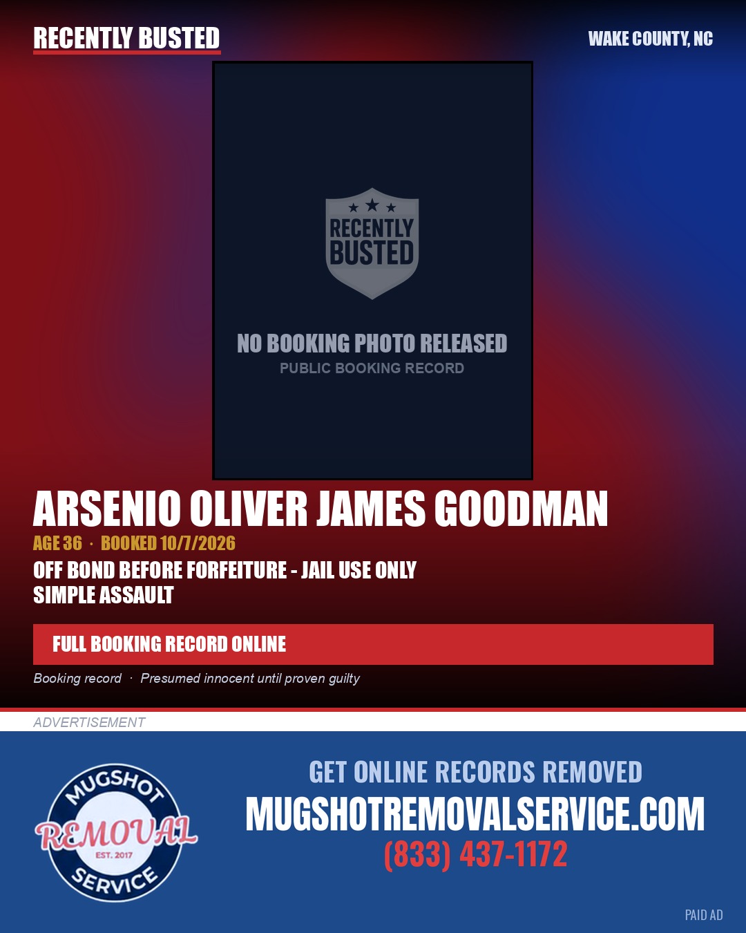 ARSENIO OLIVER JAMES GOODMAN — arrest record card, Wake County, North Carolina