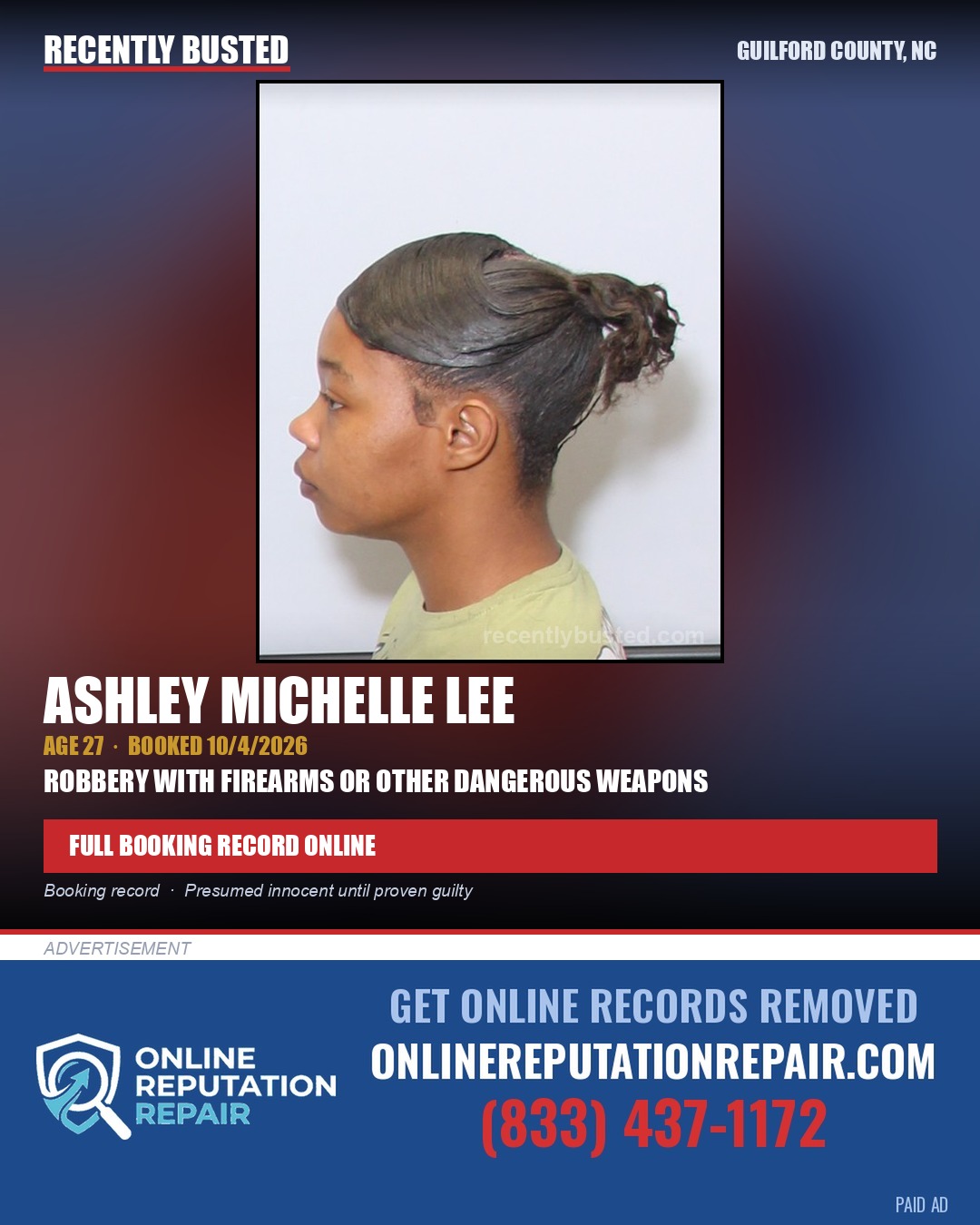 ASHLEY MICHELLE LEE — arrest record card, Guilford County, North Carolina