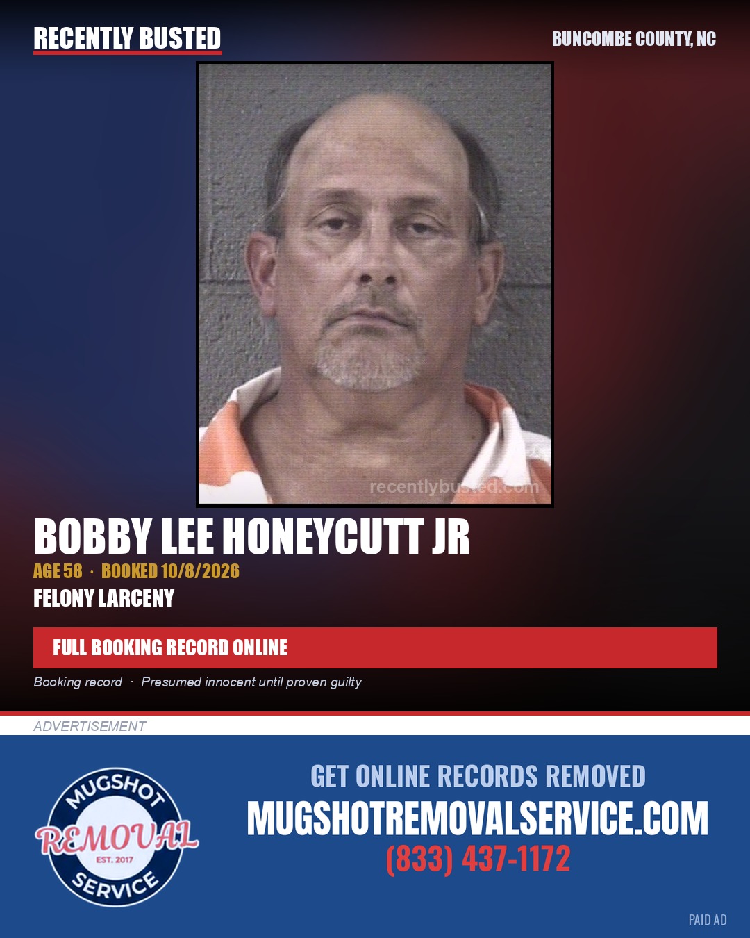 BOBBY LEE HONEYCUTT JR — arrest record card, Buncombe County, North Carolina