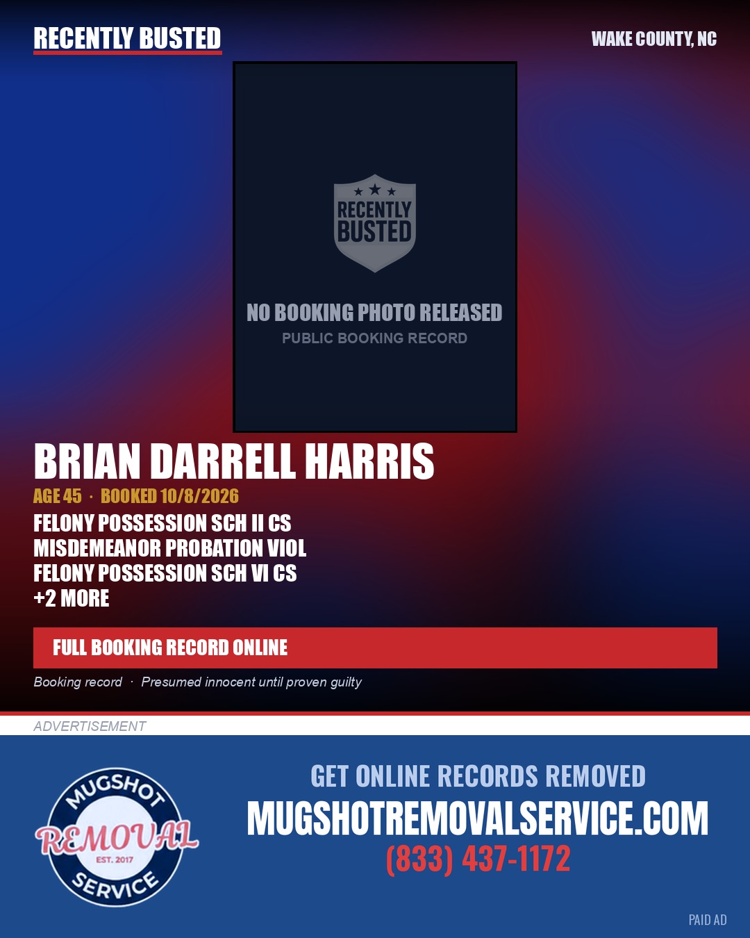 BRIAN DARRELL HARRIS — arrest record card, Wake County, North Carolina