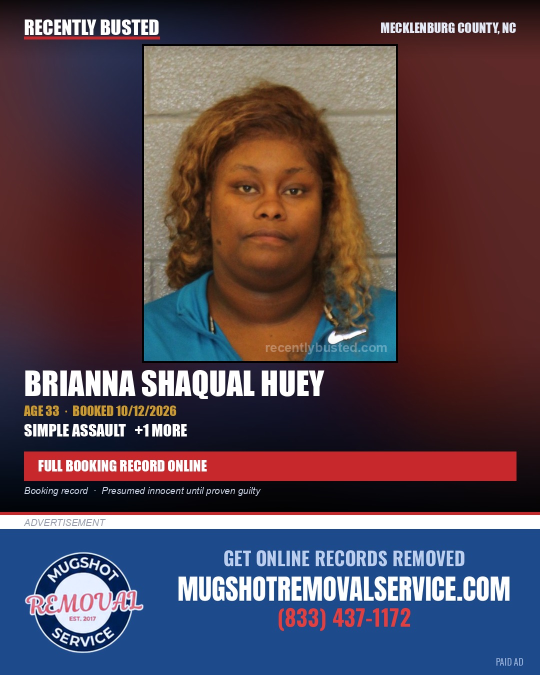 BRIANNA SHAQUAL HUEY — arrest record card, Mecklenburg County, North Carolina