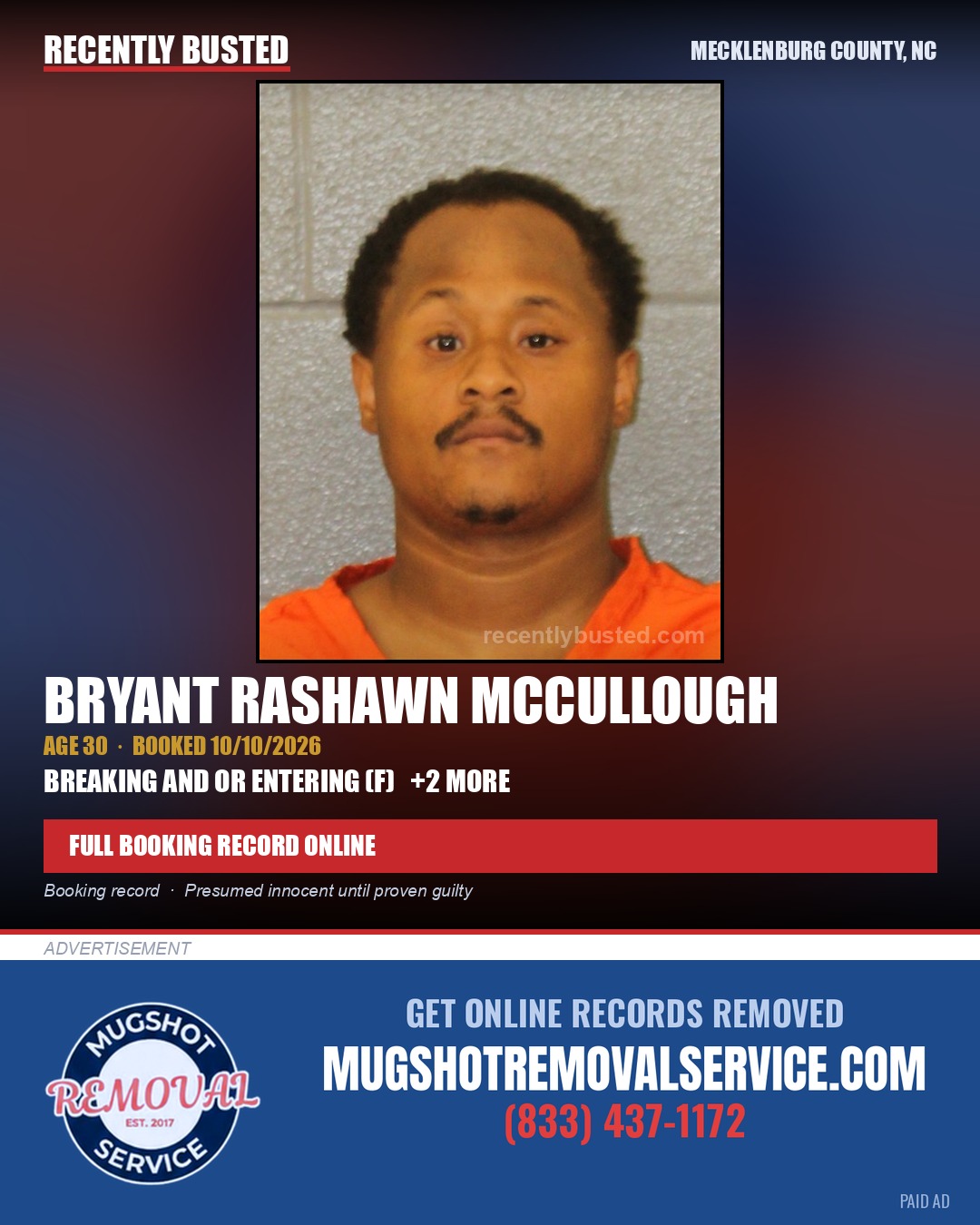 BRYANT RASHAWN MCCULLOUGH — arrest record card, Mecklenburg County, North Carolina