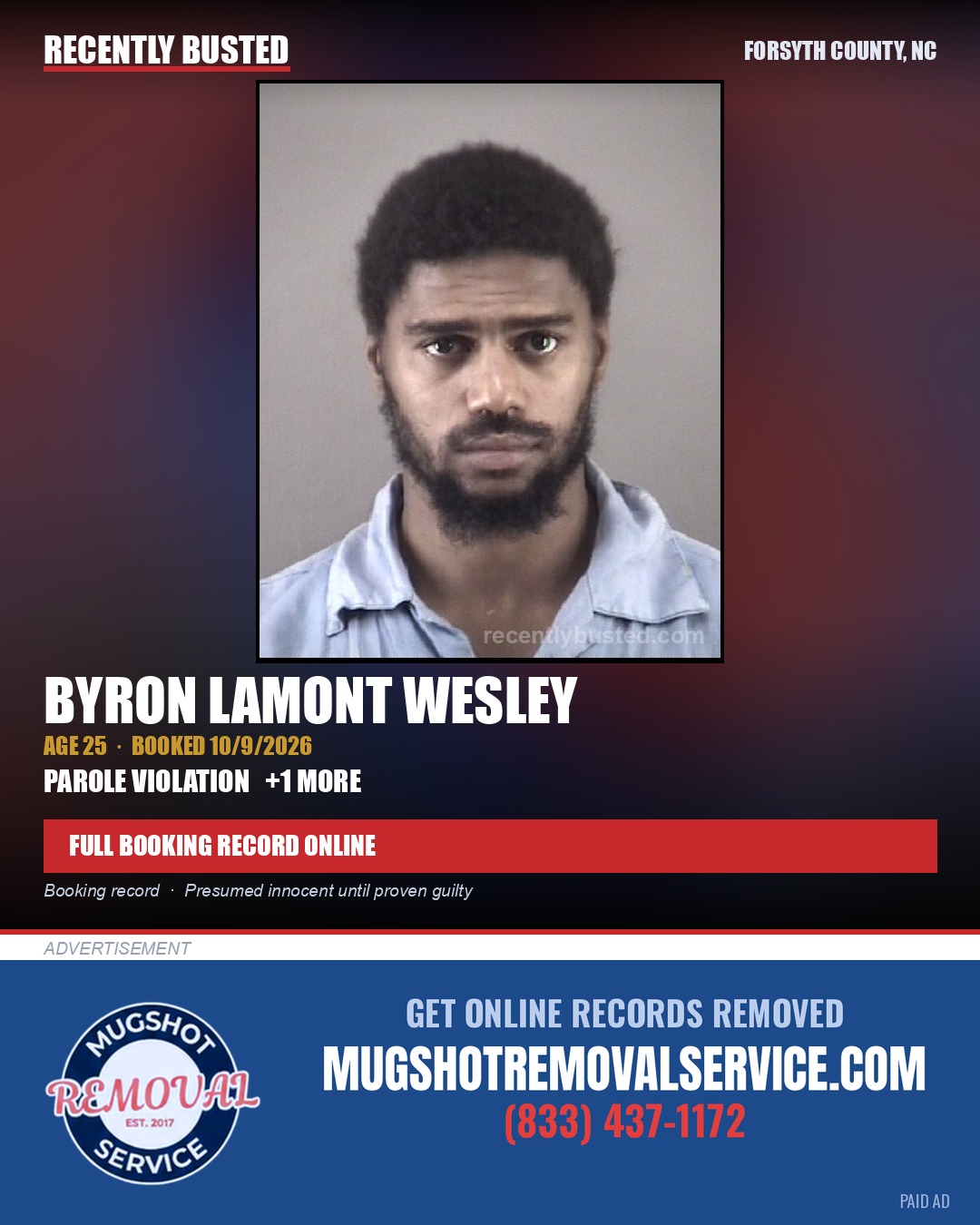 BYRON LAMONT WESLEY — arrest record card, Forsyth County, North Carolina