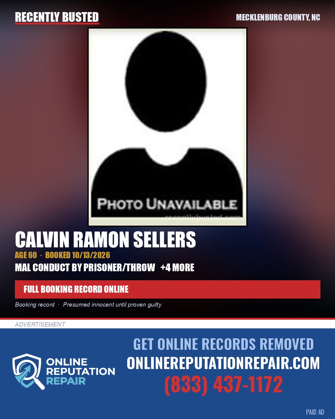 CALVIN RAMON SELLERS — arrest record card, Mecklenburg County, North Carolina