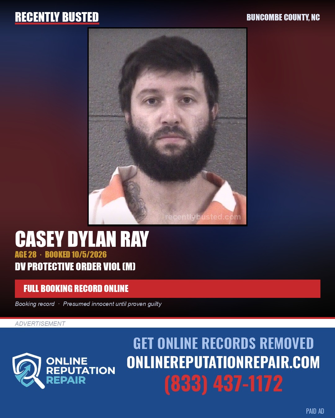 CASEY DYLAN RAY — arrest record card, Buncombe County, North Carolina