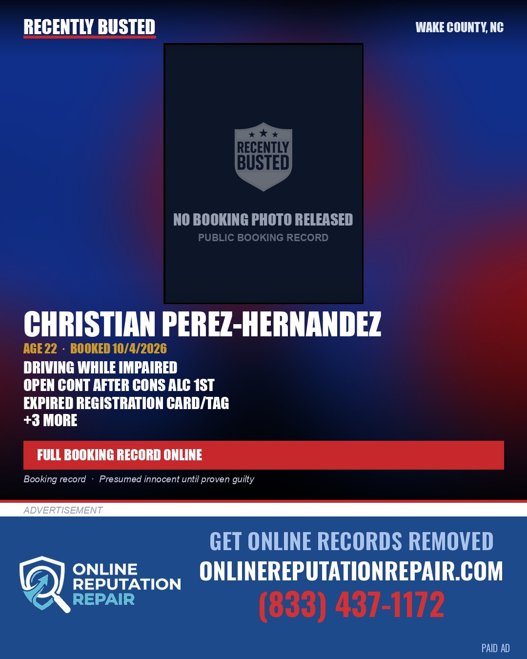CHRISTIAN PEREZ-HERNANDEZ — arrest record card, Wake County, North Carolina