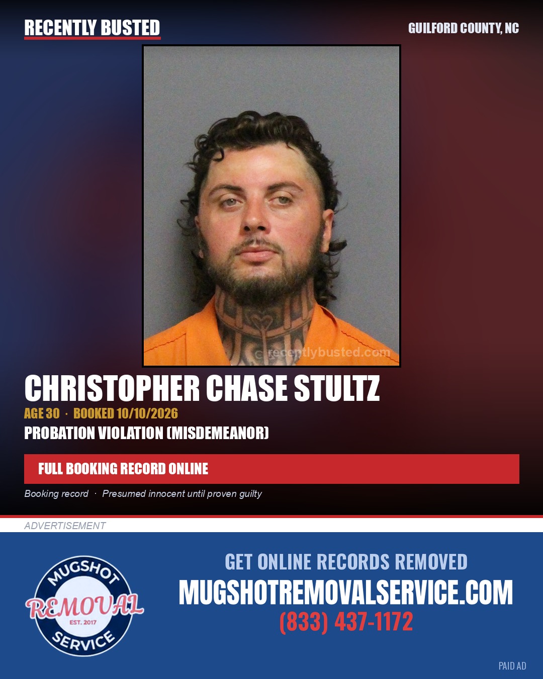 CHRISTOPHER CHASE STULTZ — arrest record card, Guilford County, North Carolina