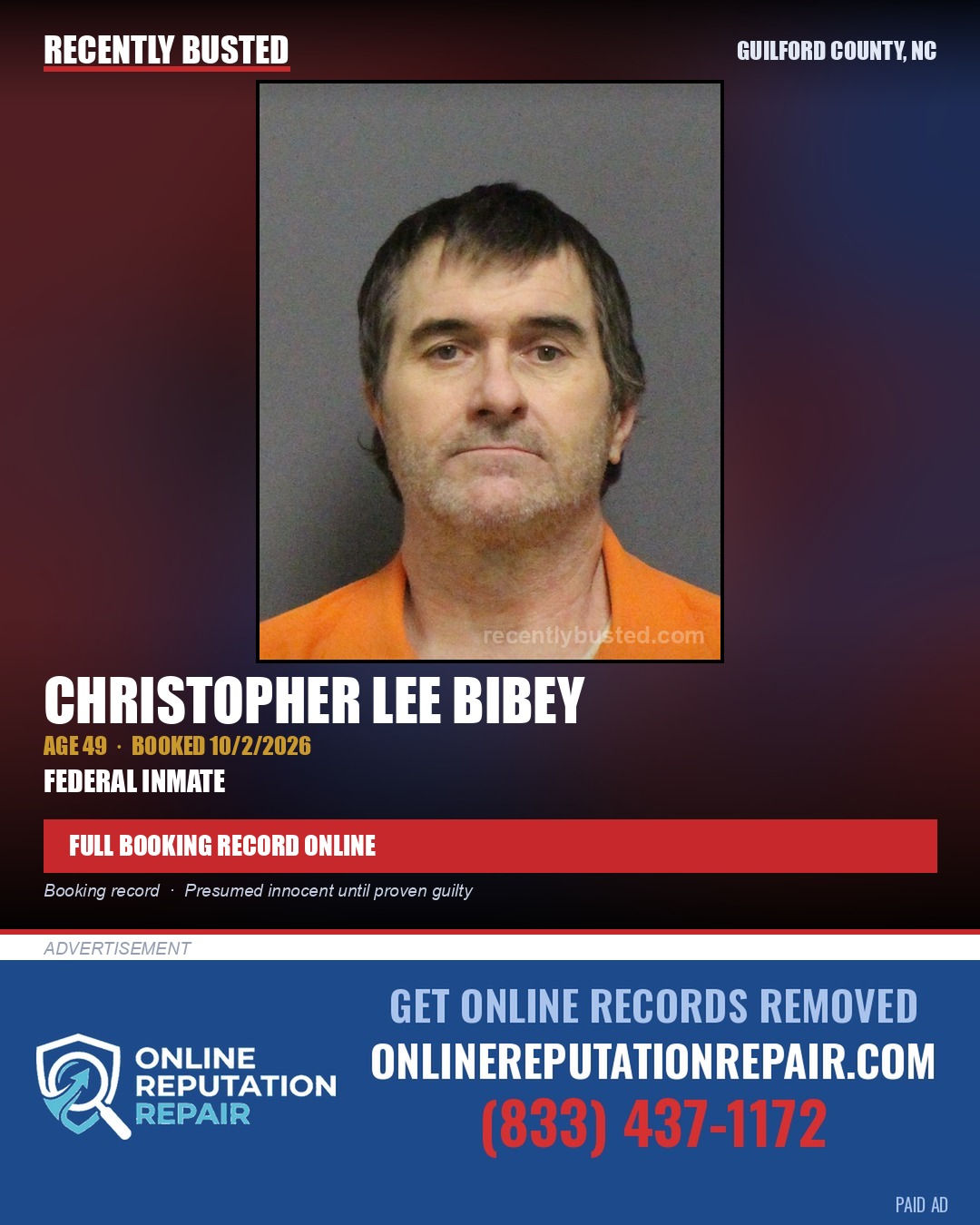 CHRISTOPHER LEE BIBEY — arrest record card, Guilford County, North Carolina