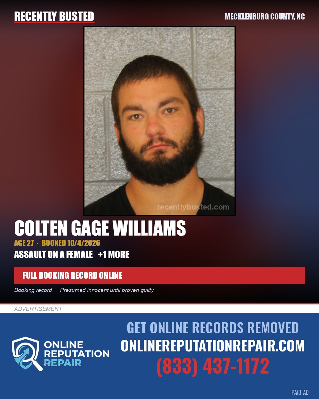COLTEN GAGE WILLIAMS — arrest record card, Mecklenburg County, North Carolina