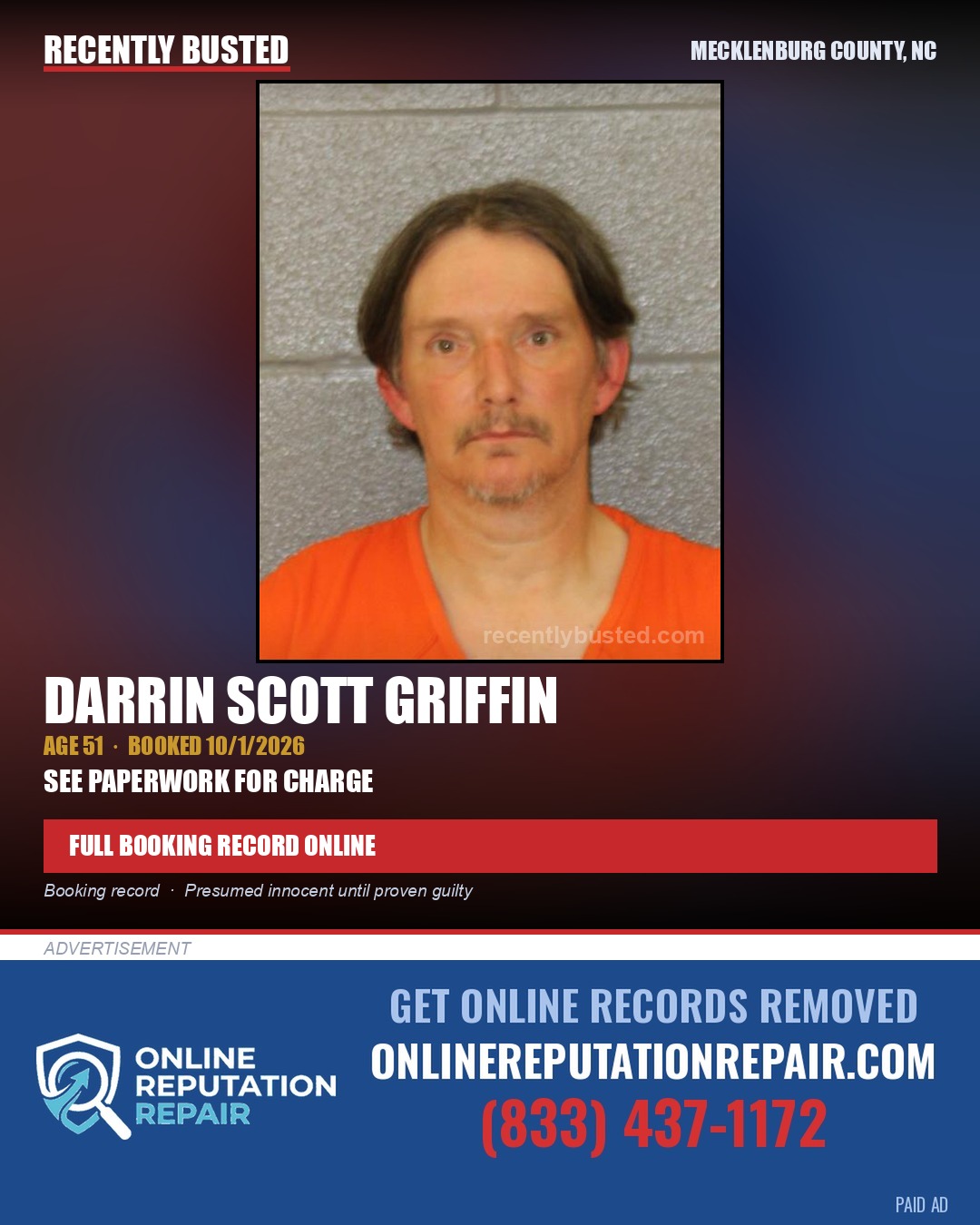 DARRIN SCOTT GRIFFIN — arrest record card, Mecklenburg County, North Carolina