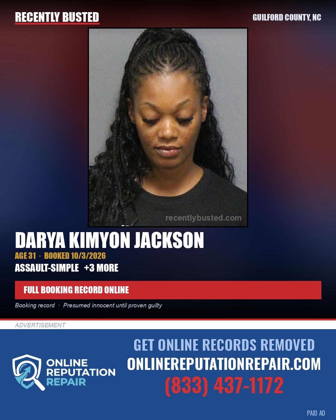 DARYA KIMYON JACKSON — arrest record card, Guilford County, North Carolina