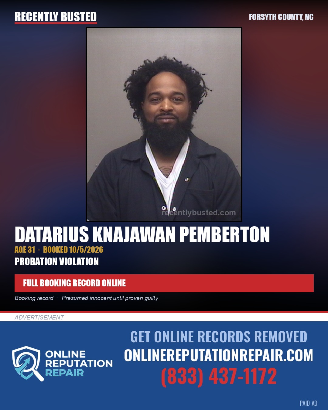 DATARIUS KNAJAWAN PEMBERTON — arrest record card, Forsyth County, North Carolina