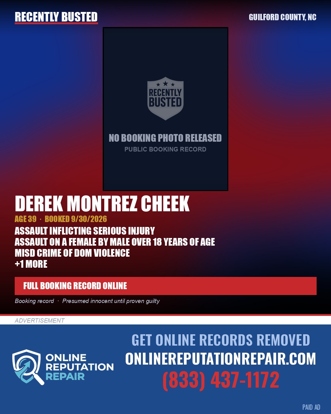 DEREK MONTREZ CHEEK — arrest record card, Guilford County, North Carolina