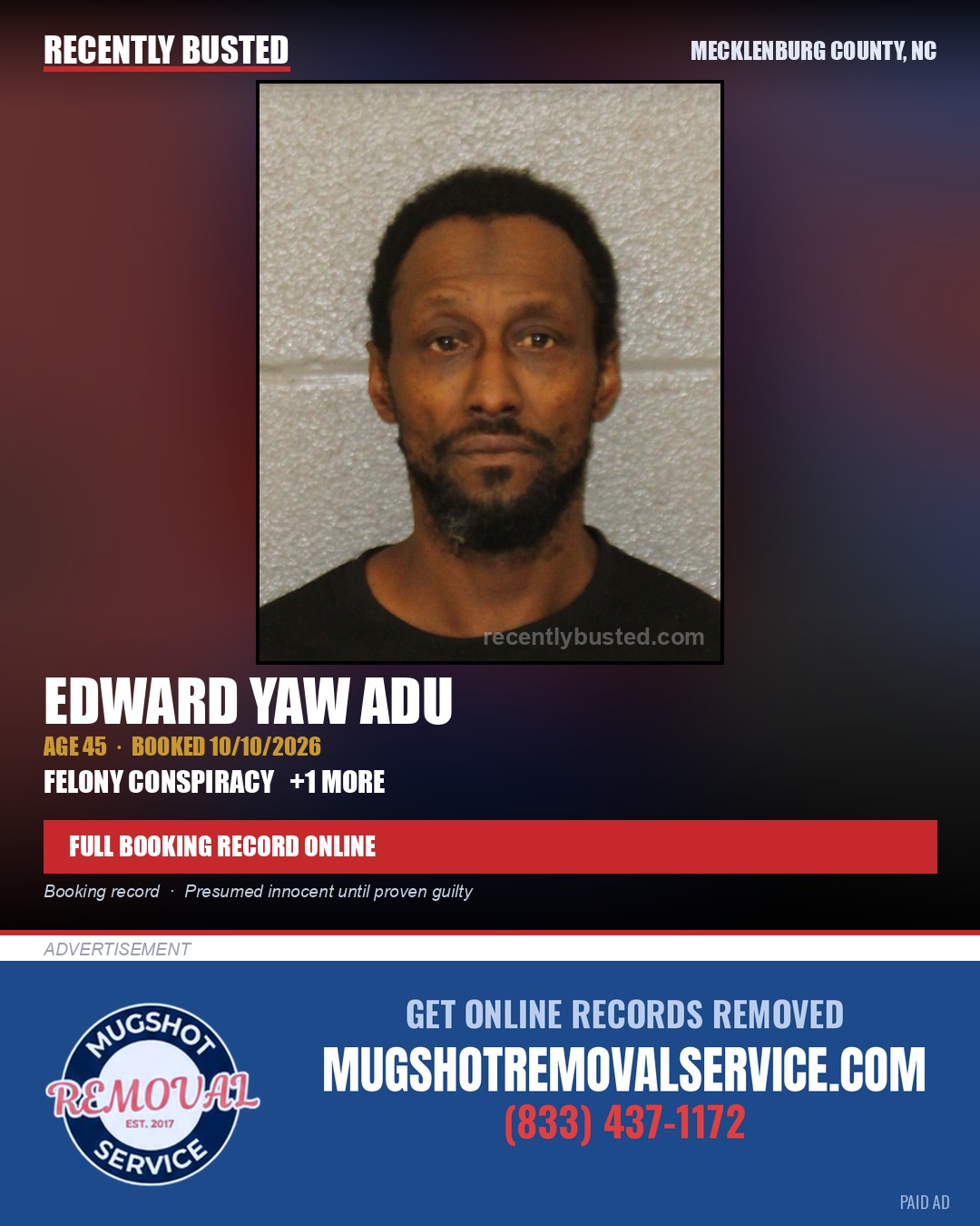 EDWARD YAW ADU — arrest record card, Mecklenburg County, North Carolina