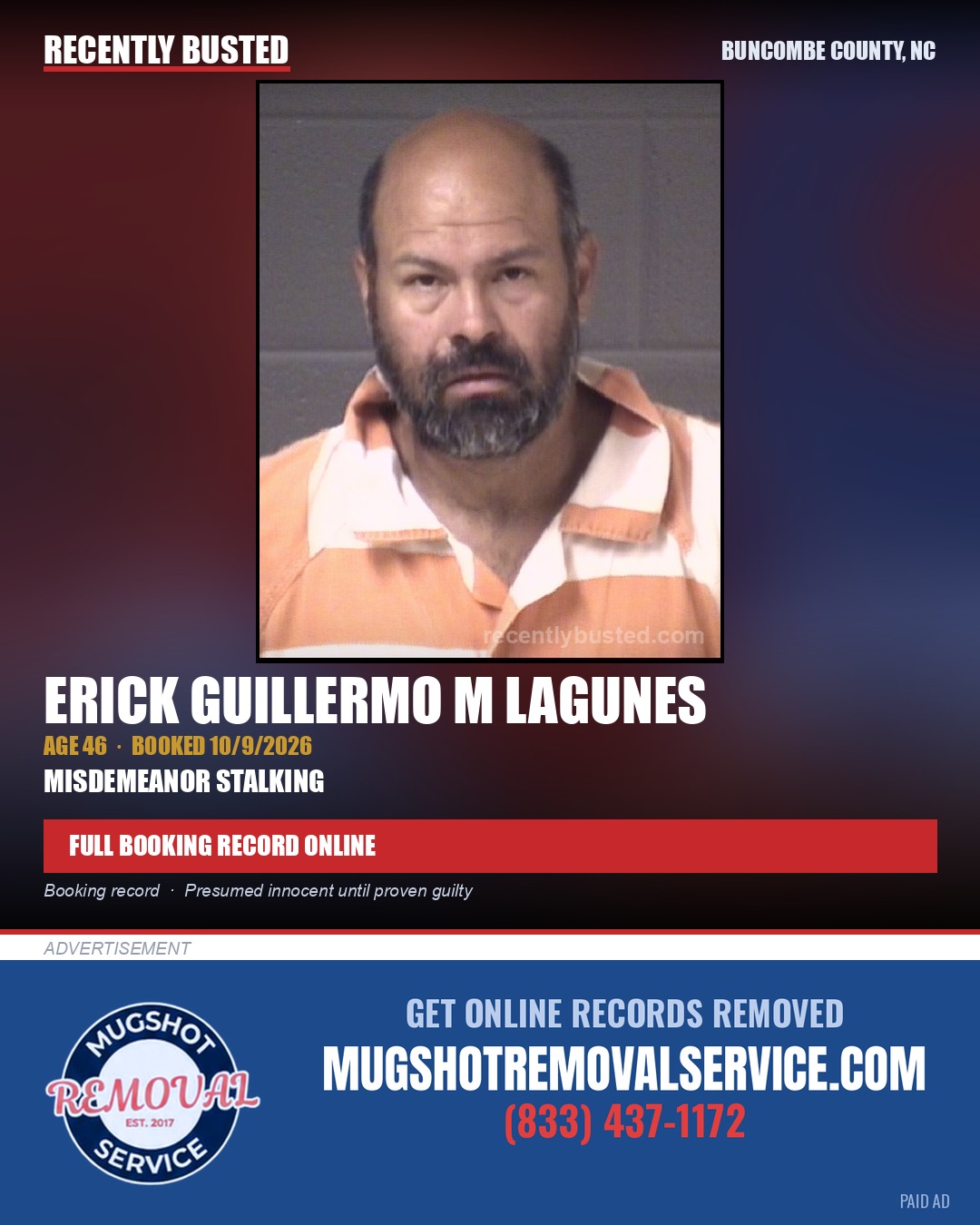 ERICK GUILLERMO M LAGUNES — arrest record card, Buncombe County, North Carolina