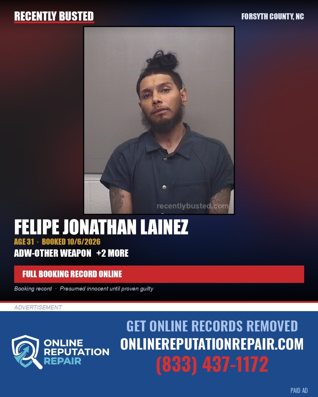 FELIPE JONATHAN LAINEZ — arrest record card, Forsyth County, North Carolina