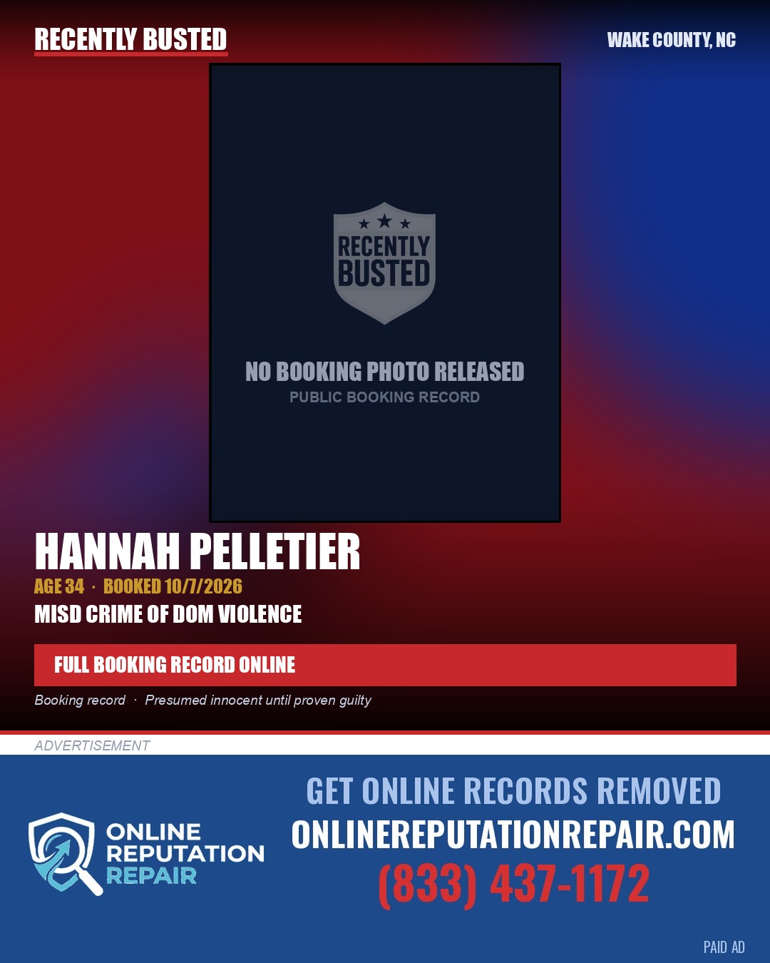 HANNAH PELLETIER — arrest record card, Wake County, North Carolina