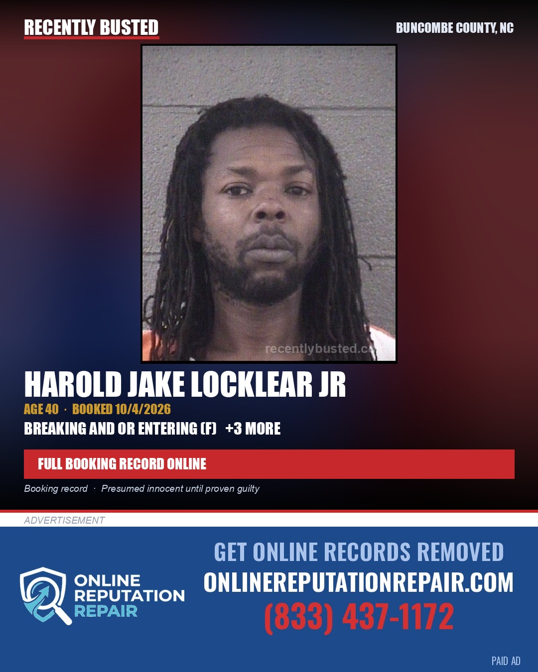 HAROLD JAKE LOCKLEAR JR — arrest record card, Buncombe County, North Carolina