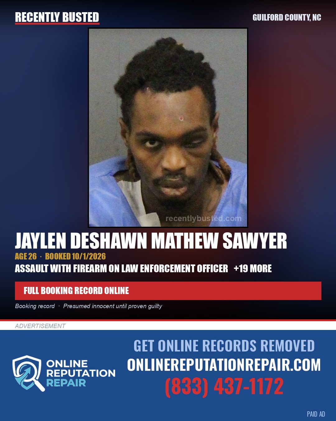 JAYLEN DESHAWN MATHEW SAWYER — arrest record card, Guilford County, North Carolina
