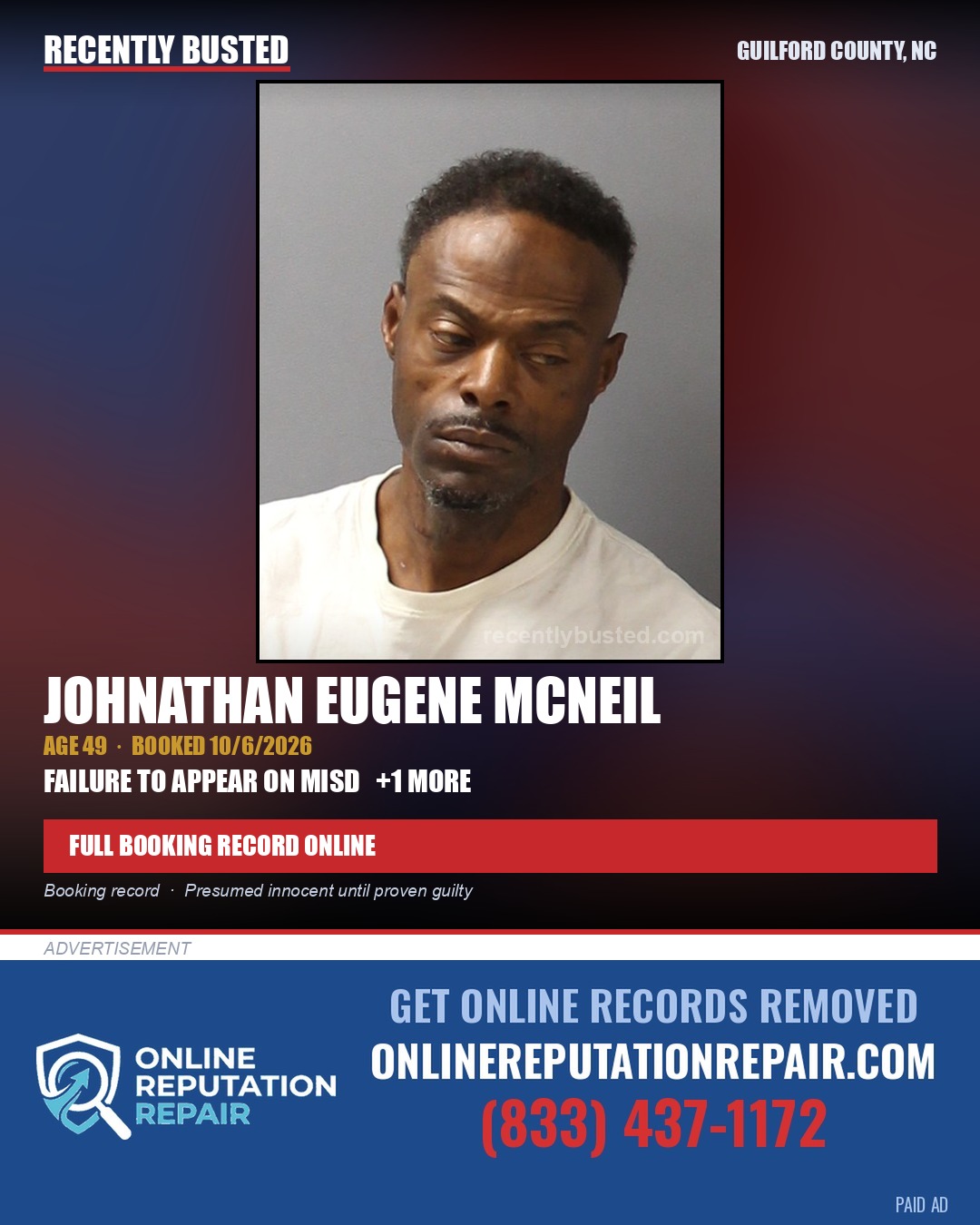 JOHNATHAN EUGENE MCNEIL — arrest record card, Guilford County, North Carolina