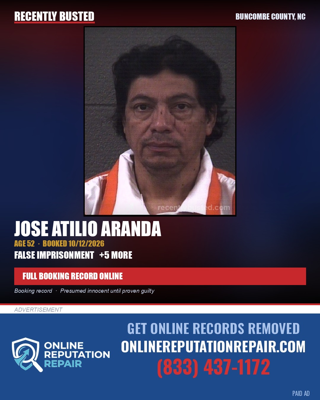 JOSE ATILIO ARANDA — arrest record card, Buncombe County, North Carolina