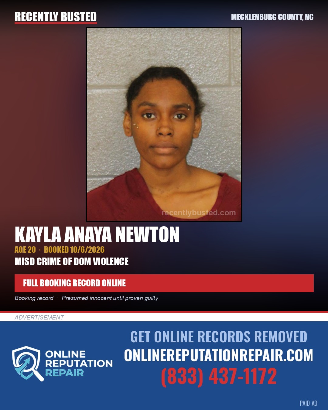 KAYLA ANAYA NEWTON — arrest record card, Mecklenburg County, North Carolina