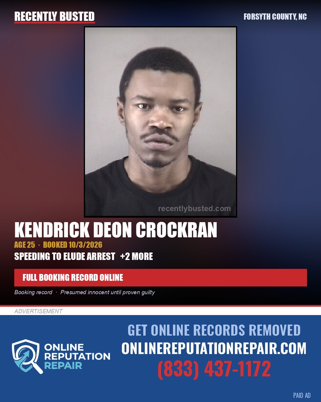 KENDRICK DEON CROCKRAN — arrest record card, Forsyth County, North Carolina