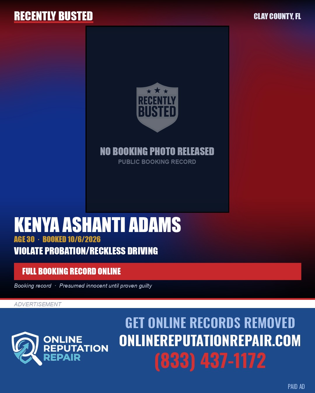 KENYA ASHANTI ADAMS — arrest record card, Clay County, Florida