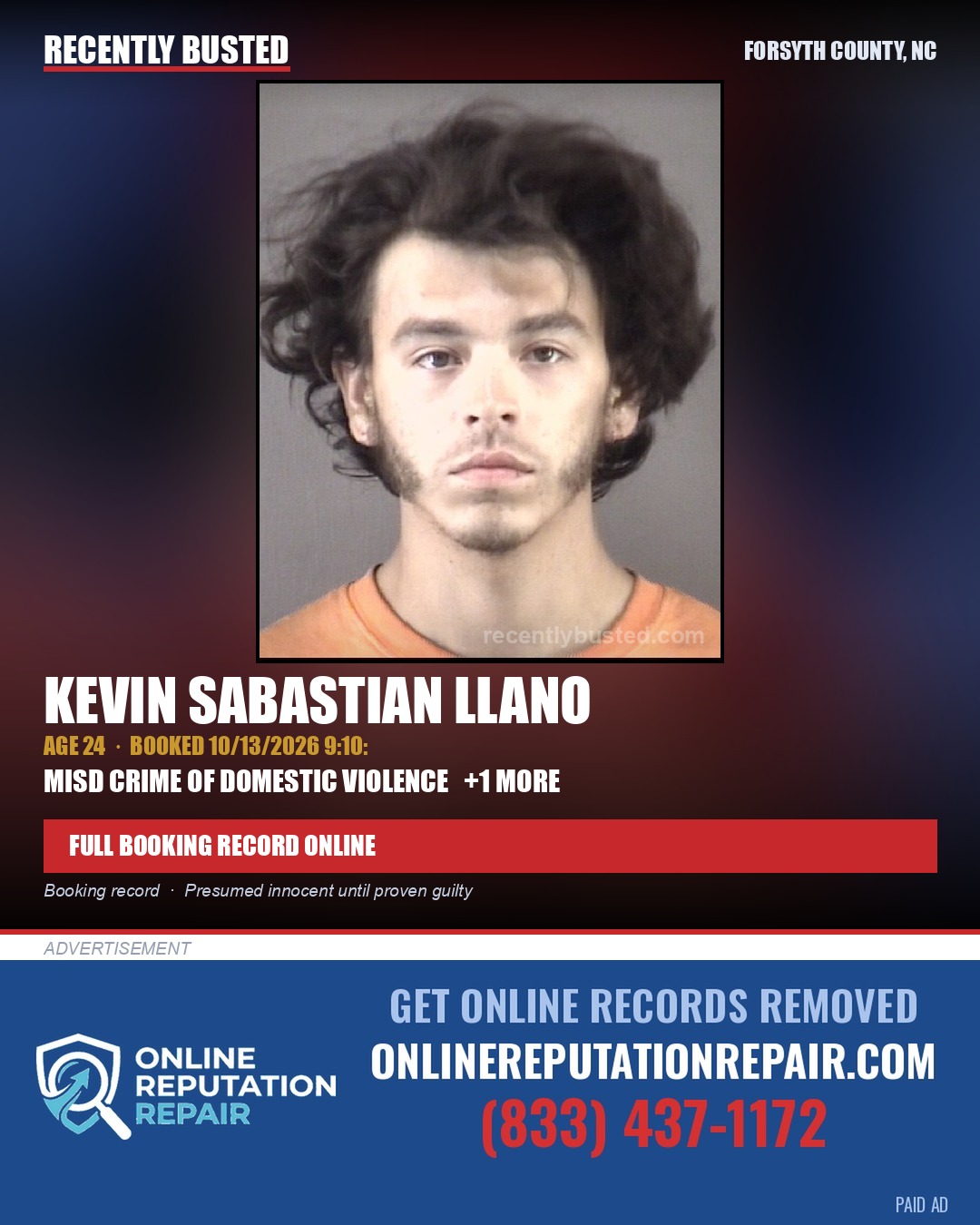 KEVIN SABASTIAN LLANO — arrest record card, Forsyth County, North Carolina