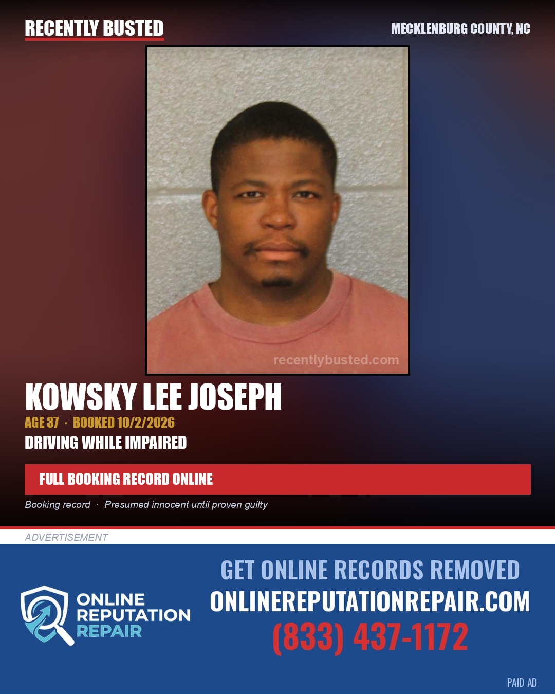 KOWSKY LEE JOSEPH — arrest record card, Mecklenburg County, North Carolina