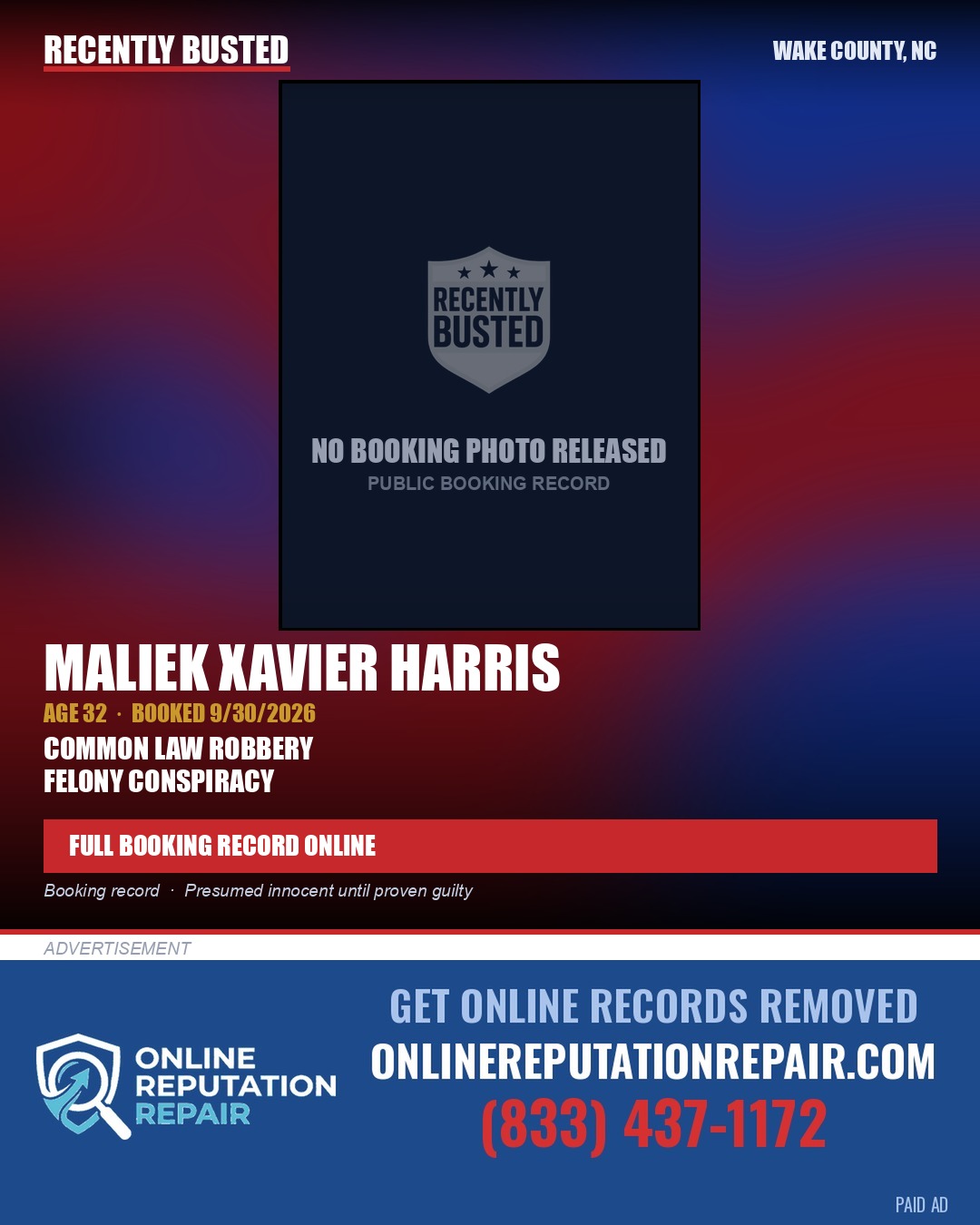 MALIEK XAVIER HARRIS — arrest record card, Wake County, North Carolina